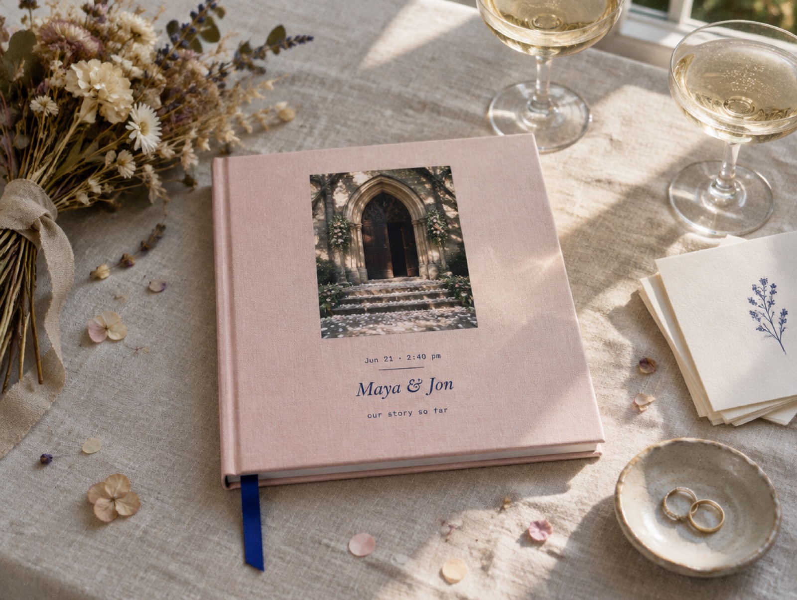 Classic edition: blush cover with the names Maya and Jon and the line our story so far.